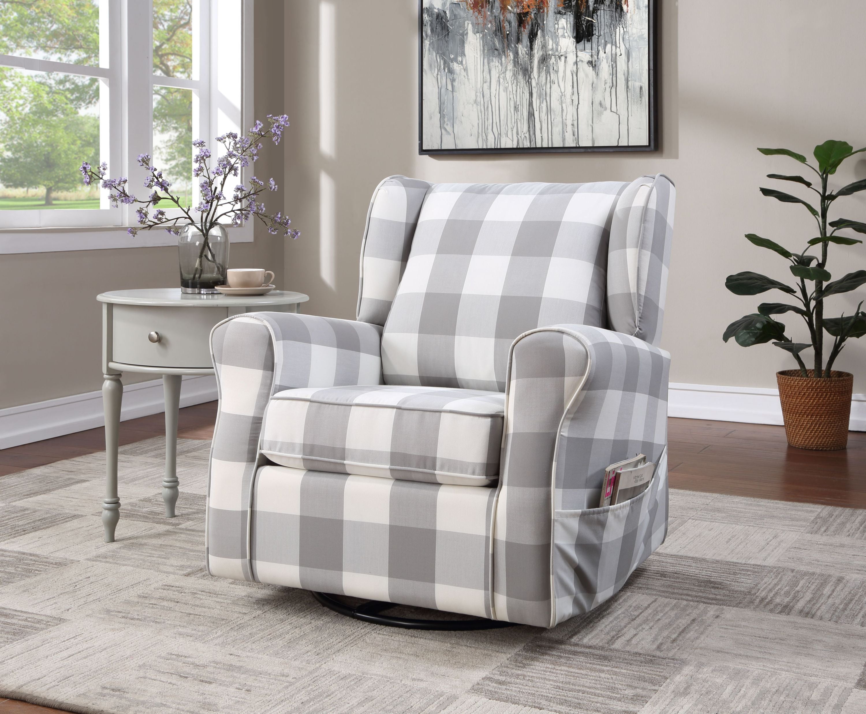 Patli Gray&White Fabric Glider Chair with Swivel