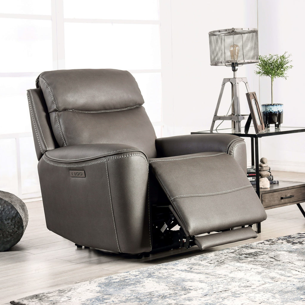 Gray Finish Power Recliner Transitional Style Extendable Footrest Broad Armrest Primary Living Room
