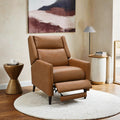 Brown Finish Mid-Century Modern Pushback Manual Recliner Tapered Legs Linen Textured Fabric High Back Subtle Channel Detail Primary Living Room