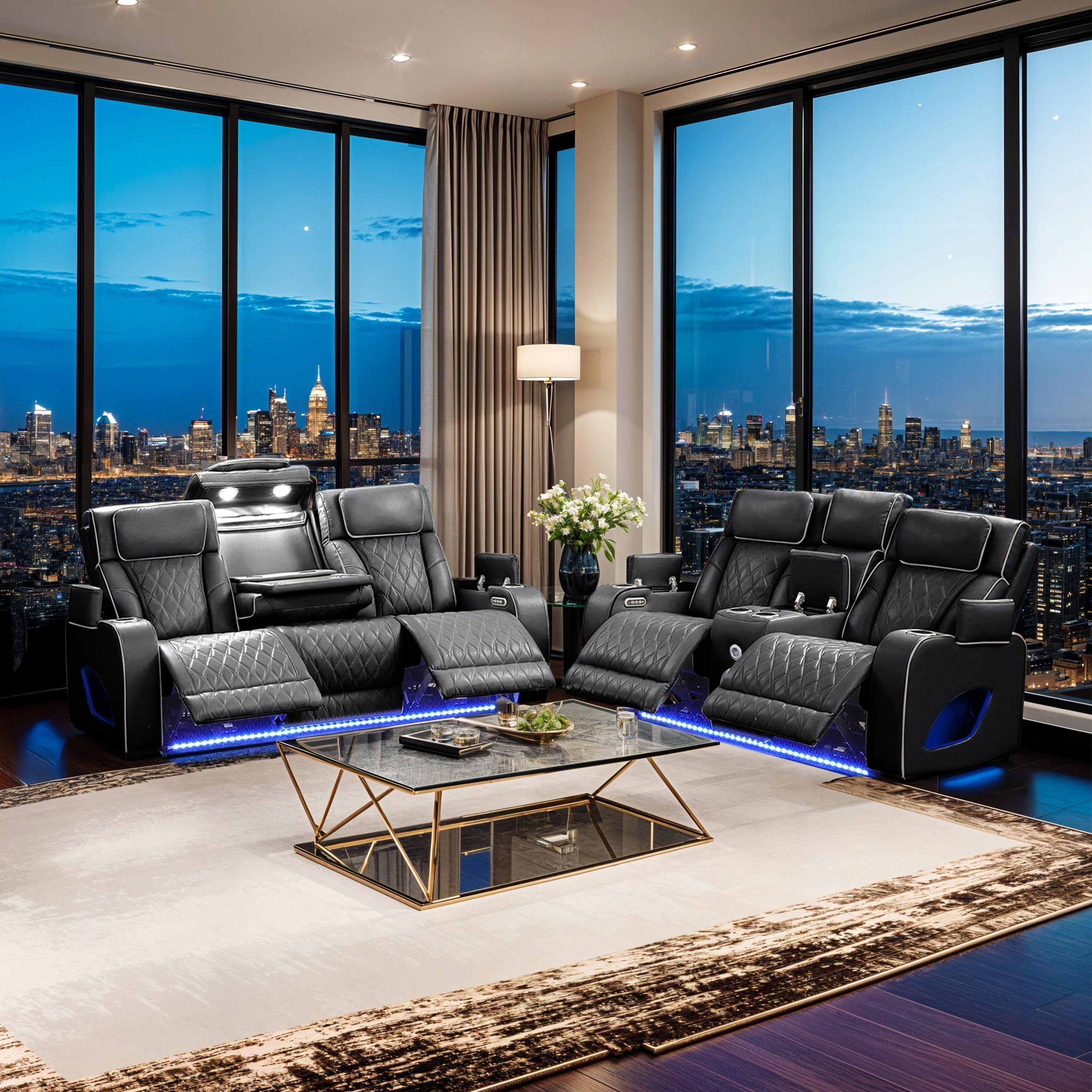 Fortuner Modern Style Upholstery Recliner 2PC Livingroom Set Made with Wood & Massage Function Included-Black (CA Inventory)