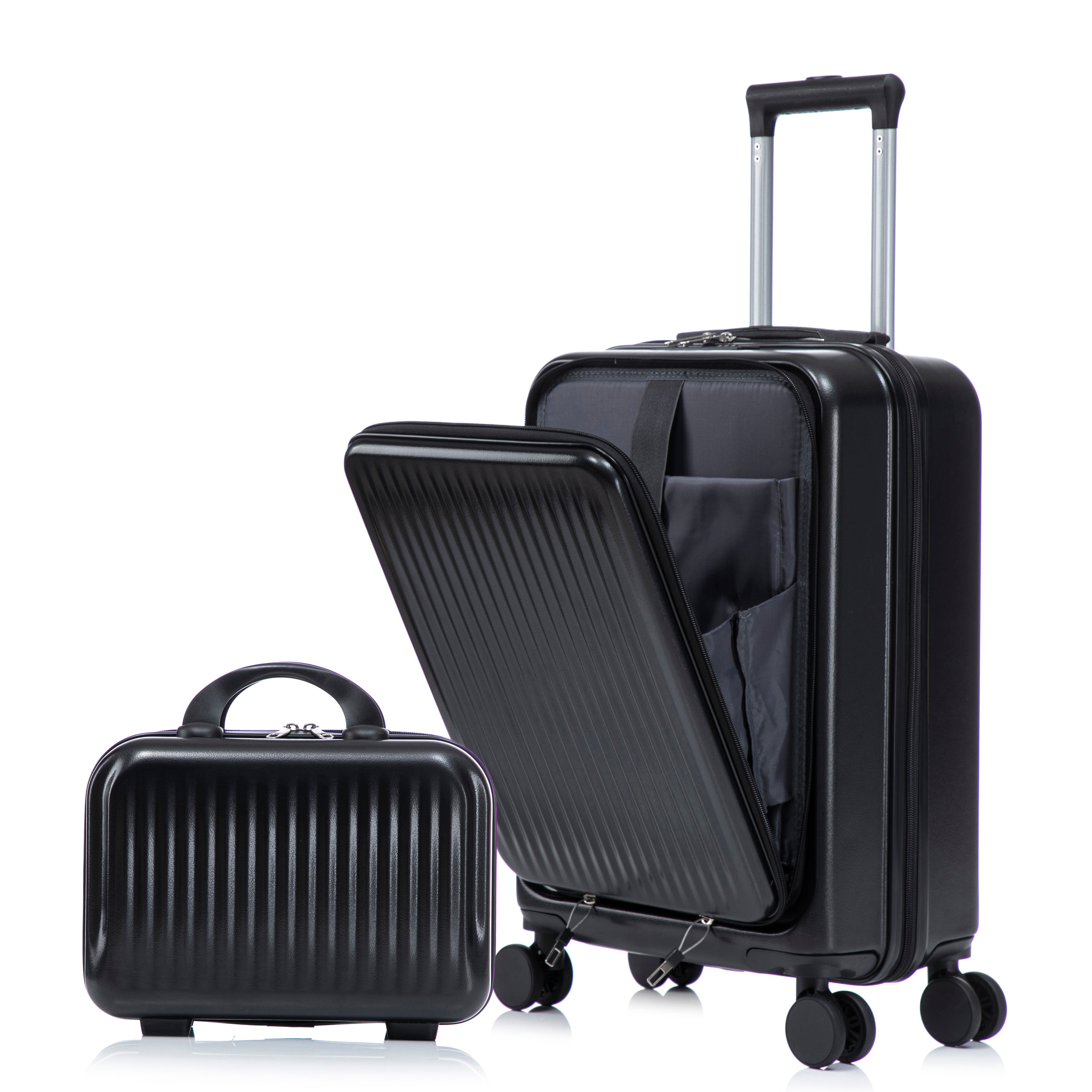 14'/20' 2 pcs/set in ABS Spinner Wheel Luggage, with Combination Lock and Front Opening Design, 14' Cosmetic Case (Black)