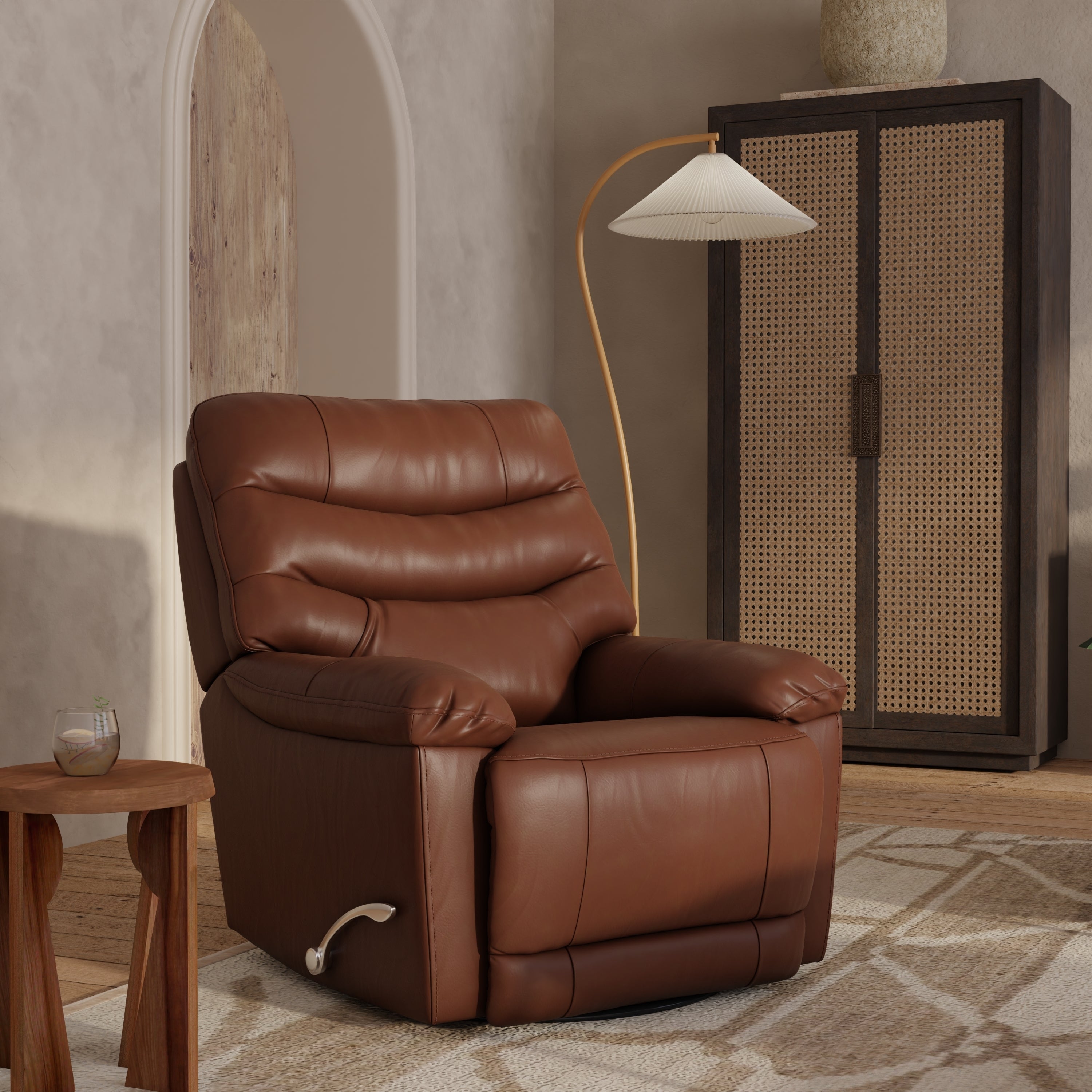 Global Home Swivel Glider Recliner with Manual Footrest In Oslo Pecan