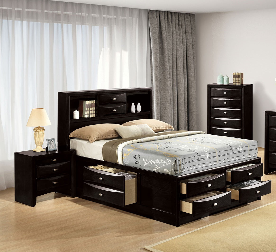 Contemporary Full Size Bed 2x Nightstands Headboard Bookcase Black Color 3pc Set Bedroom Furniture