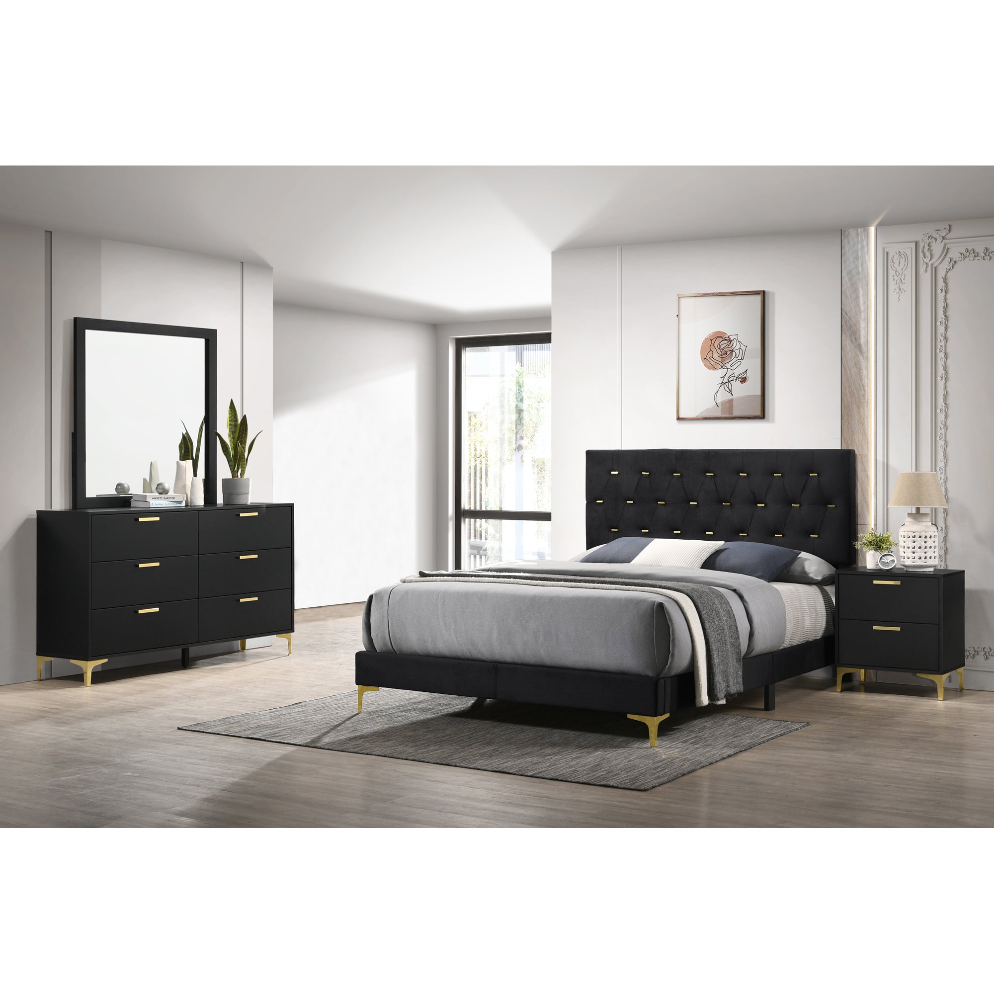 Lexie Black/Gold 4-piece Tufted Panel California King Bedroom Set