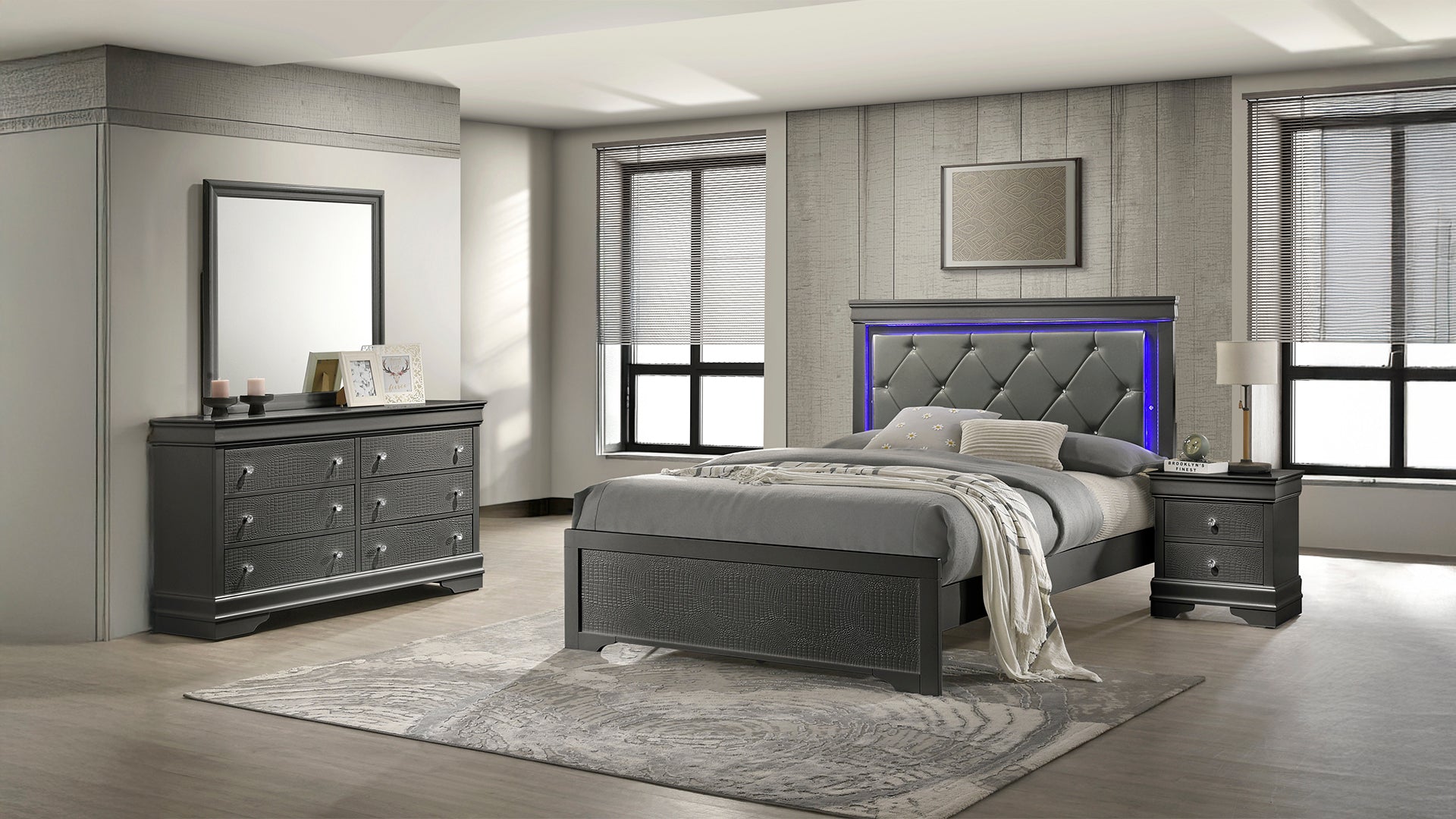 Blaze Upholstered Modern Style 4 Pc Twin Bedroom Set with LED Headboard Made with Wood in Metallic Gray(NJ INVENTORY)